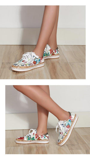 New Popular Womens Shoes Colorful Beautiful Flower Printing Shoes Lace-up Flat Women's Casual Womens Sneakers High-Quality Women's White Sports Casual Couple Shoes Summer Trainers Walking Sneakers