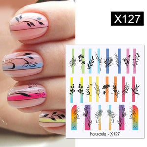 Black Lines Flower Leaves Water Decals Stickers Floral Face Marble Pattern Slider For Nails Summer Nail Art Decoration Summer Stickers on Nails Simple Summer Slider for Manicure Nail Art Watermark Manicure Decor