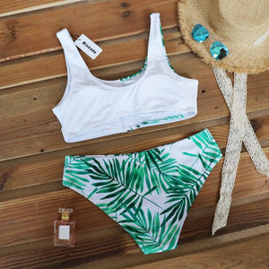 Women Bikini Set Leopard Swimwear Women High Waist String Floral Printed 2 Piece Bathing Suits Women Patchwork Swimsuits Push Up Printed Bikinis Buckle Front Beach Wear