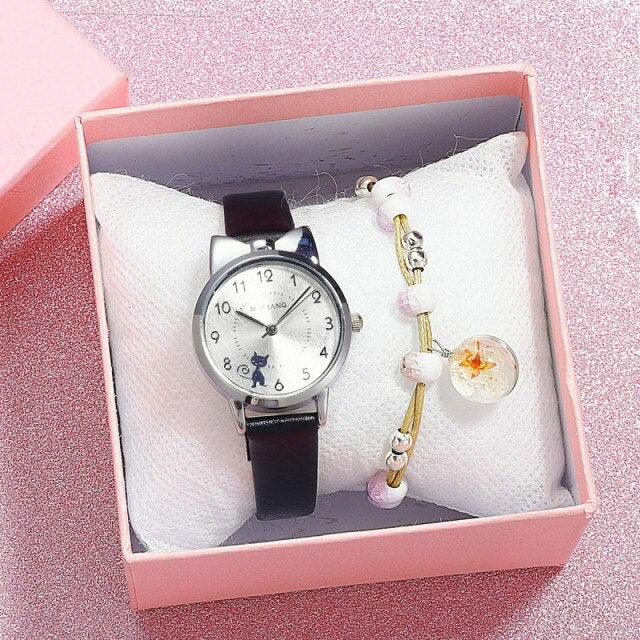 New Fashion Childrens Watch Analog Children Quartz Watch With Bracelet Set Little Cat Watch Kids Children Quartz Electronic Watch Unisex Wrist Leather Strap Watches