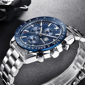 New Men Silver Blue Watch Business Analog Chronogragh Full Steel Luxury Casual Male Waterproof Sports Design Watches