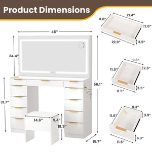 11-Drawer Vanity Desk with LED Mirror & Glass Top, Gold Handles