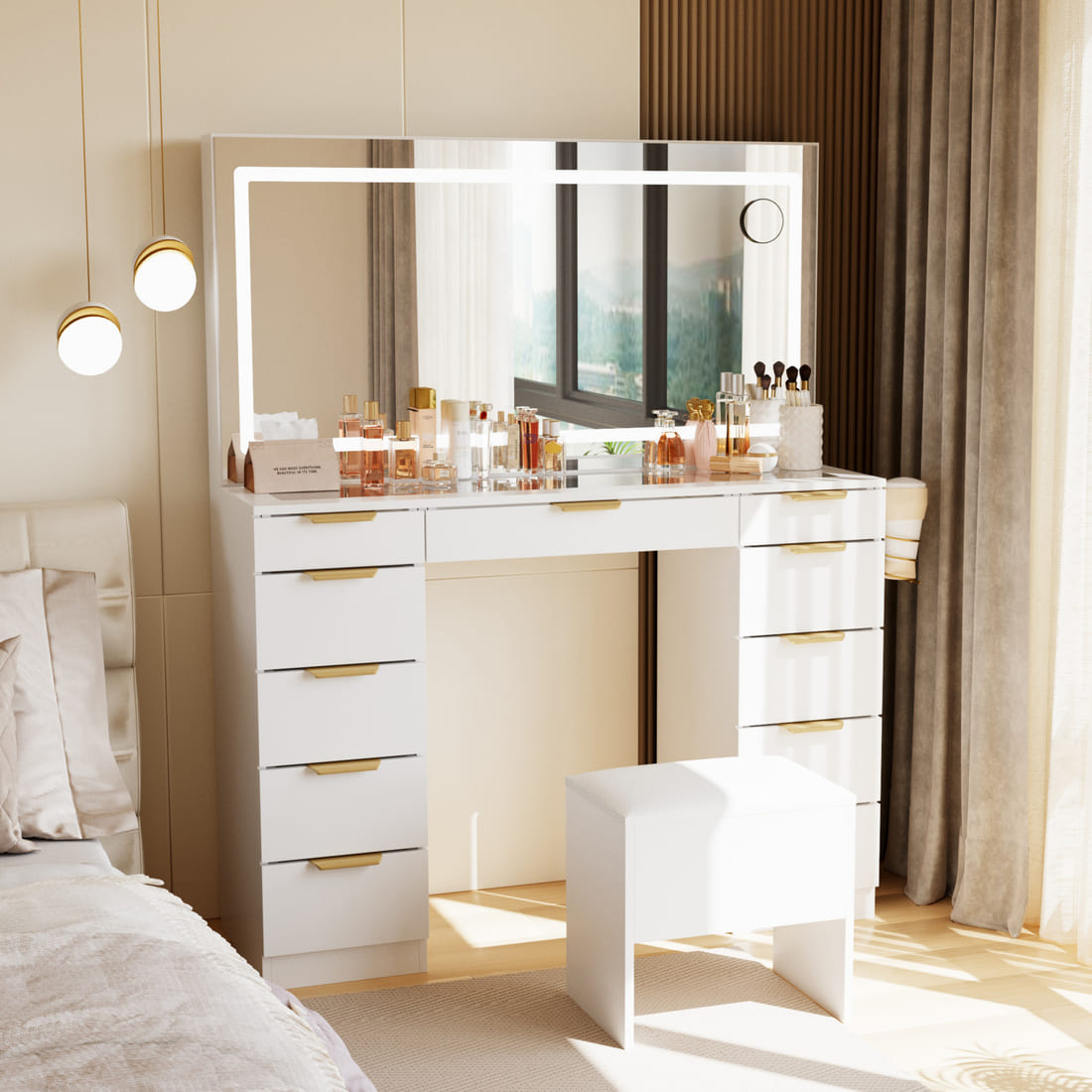 11-Drawer Vanity Desk with LED Mirror & Glass Top, Gold Handles
