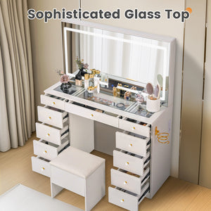 11-Drawer Vanity Desk with LED Mirror & Glass Top, Crystal Knobs
