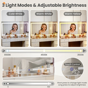 11-Drawer Vanity Desk with LED Mirror & Glass Top, Crystal Knobs