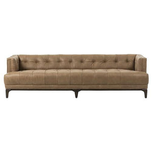 The Allen Mid Century sofa is a modern piece with green velvet upholstery, featuring button tufting, a low backrest, and square armrests. It boasts wooden legs and a sleek, minimalist design.