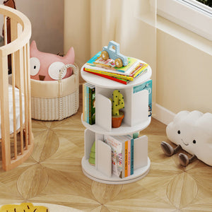 2-Tier Rotating Bookshelf with Dividers and Anti-falling Baffles-White