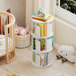 3-Tier Rotating Bookshelf with Dividers and Anti-falling Baffles-White