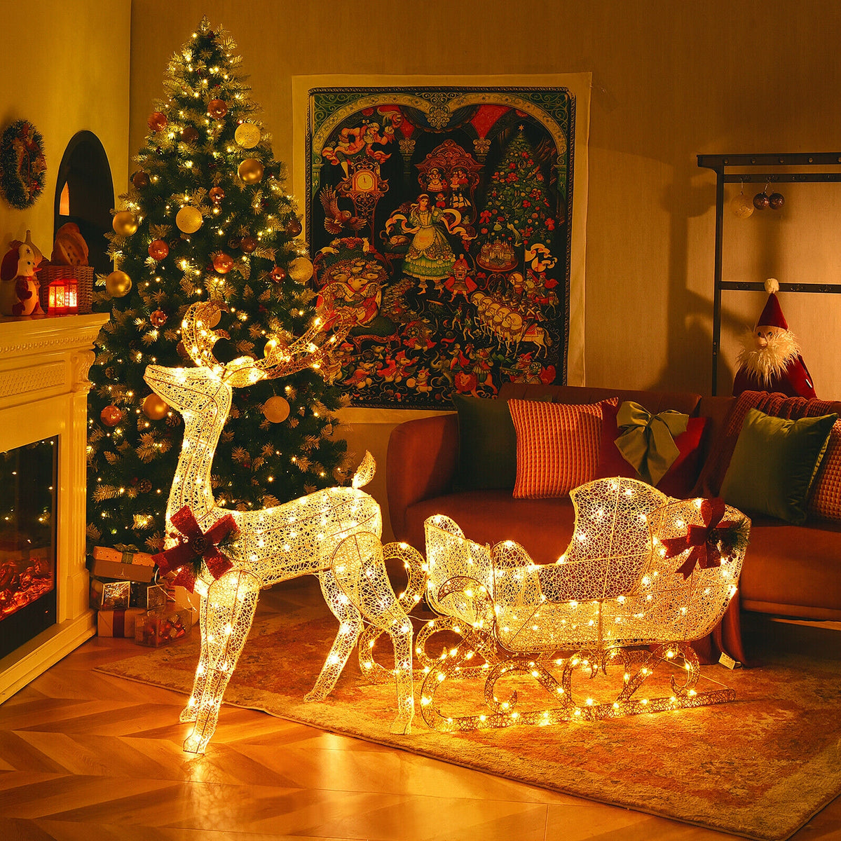 6 Feet Christmas Lighted Reindeer and Santa's Sleigh Decoration with 4 Stakes-Golden