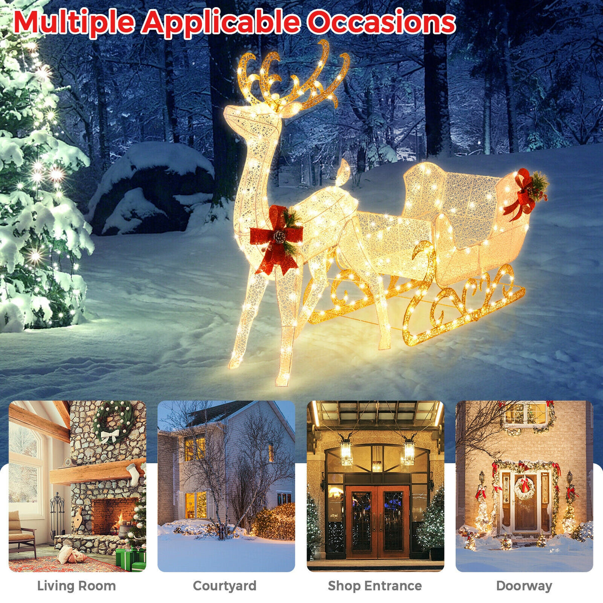 6 Feet Christmas Lighted Reindeer and Santa's Sleigh Decoration with 4 Stakes-Golden