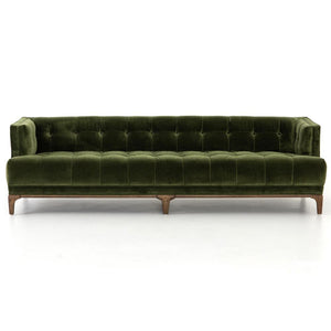 The Allen Mid Century Green Velvet Brown Wood Frame Button Tufted Sofa, showcasing a mid-century modern design, clean lines, and a comfortable plush appearance, is set against a plain white background.