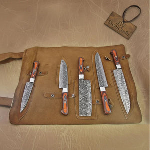 5-Piece Damascus Knife Set Orange Black Pakka Wood Handles with Hammered Tsuchime Blades
