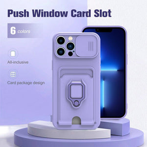 Purple Silicone Slide Camera Protector Case For iPhone 14 11 12 13 Pro Max X XR XS Magnetic Ring Card Holder Cover Heavy Duty Multifunctional Shockproof Magnetic Cover Case & Holder