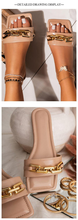 Purple Women's Slippers Summer Gold Chain Luxury Square Head Flat Heel Outdoor Beach Women Slides Sandals Leather Flat Sandals  Strap Slides With Chain Open Toe Summer Slippers