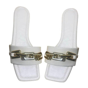 Purple Women's Slippers Summer Gold Chain Luxury Square Head Flat Heel Outdoor Beach Women Slides Sandals Leather Flat Sandals  Strap Slides With Chain Open Toe Summer Slippers