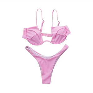 Push Up Unpadded Bikini Set Women 4 Colors Bandage Bikini Set Swimsuit Thong Bottom Swimwear Two Pieces Plain Bikini Bathing Suit Swimwear Bathing