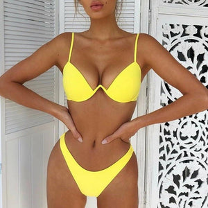 Push Up Unpadded Bikini Set Women 4 Colors Bandage Bikini Set Swimsuit Thong Bottom Swimwear Two Pieces Plain Bikini Bathing Suit Swimwear Bathing
