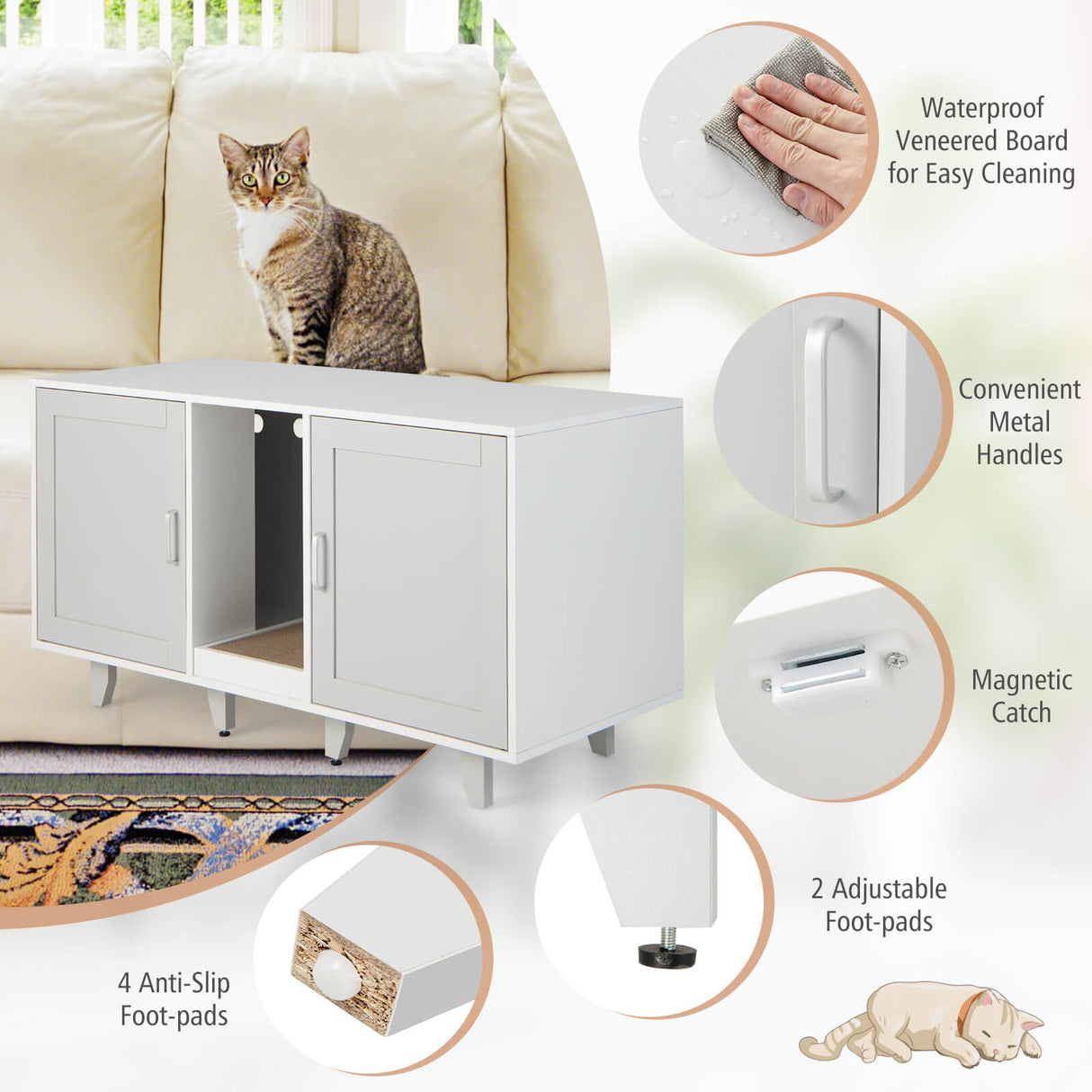 Patented 2-Door Cat Litter Box Enclosure with Winding Entry and Scratching Board-Gray