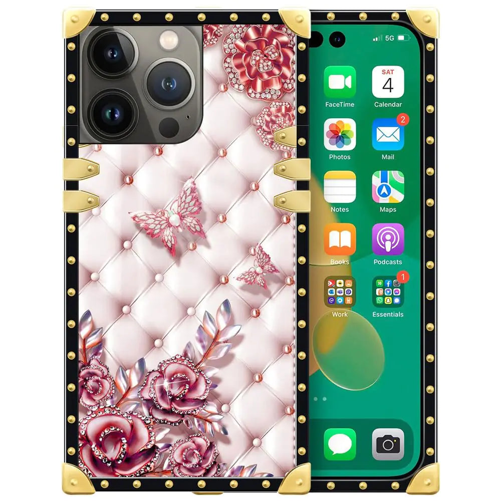 DAIZAG Case Compatible with iPhone 15 Pro MaxB Pink Butterfly Case Luxury Elegant Women Girls Metal Decoration Corner Classic Retro Soft TPU Case for iPhone 15 Pro Max