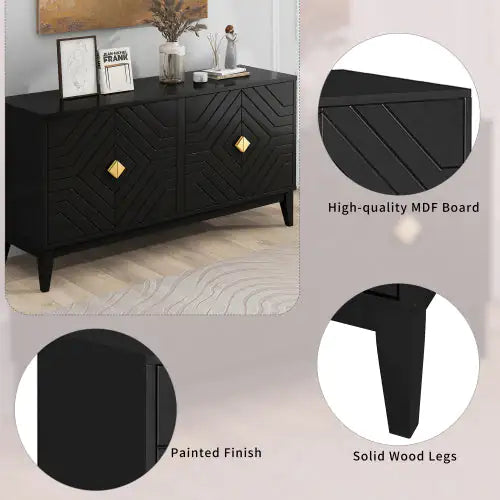 4-door Sideboard Storage Cabinet For Living And Dining Room, Two Large Cabinets With Gold Handle And Adjustable Shelves, Black