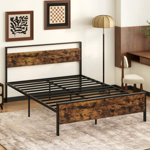 Queen Metal Bed Frame Industrial Platform Bed with Wooden Headboard-Queen Size