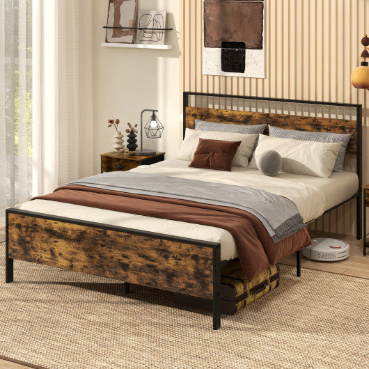 Queen Metal Bed Frame Industrial Platform Bed with Wooden Headboard-Queen Size
