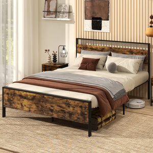 Queen Metal Bed Frame Industrial Platform Bed with Wooden Headboard-Queen Size