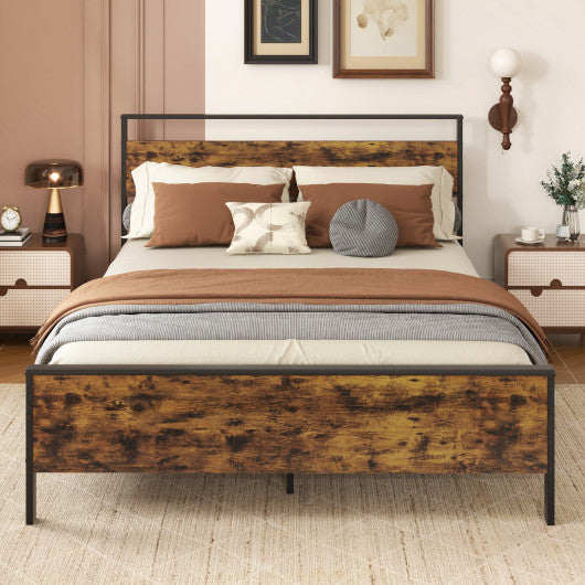 Queen Metal Bed Frame Industrial Platform Bed with Wooden Headboard-Queen Size