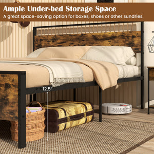 Queen Metal Bed Frame Industrial Platform Bed with Wooden Headboard-Queen Size