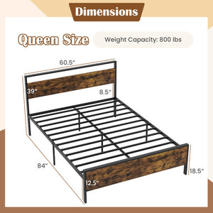 Queen Metal Bed Frame Industrial Platform Bed with Wooden Headboard-Queen Size