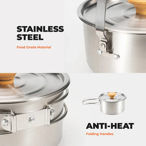 304 Stainless Steel 5-Piece Camping Cookware Set with Teflon Coating