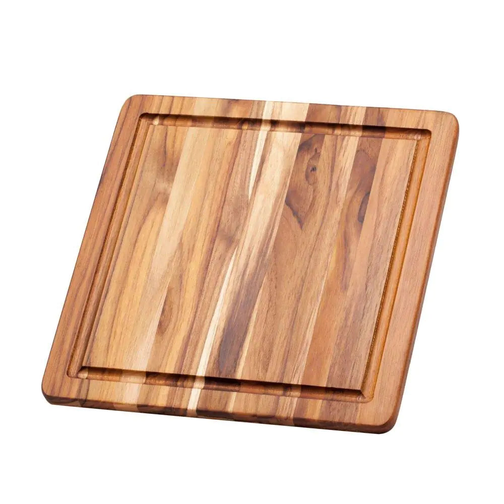 Cutting Board With Juice Canal - Square Teak Wood Serving Board (12 x 12 x .55 in.) - By Teakhaus