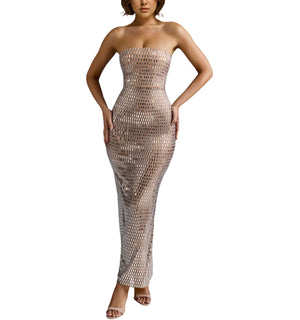 PORRCEY Hot Drilling Craft Sexy Elegant Off Shoulder Party Club Night Evening Dress(6962BeigeM)