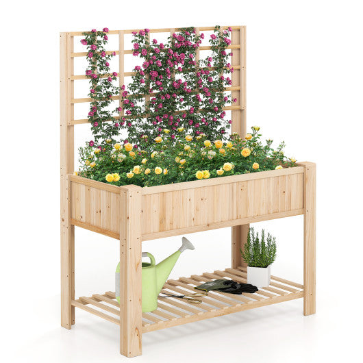 Raised Garden Bed with Trellis Wooden Elevated Planter Box with Legs-Natural