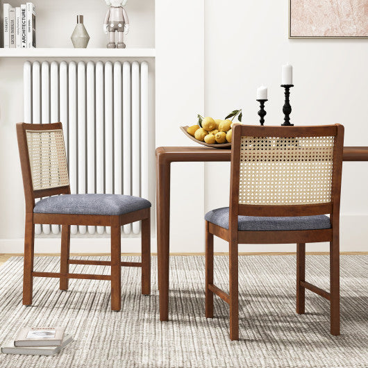 Rattan Dining Chair Set of 2 with Rubber Wood Frame and Linen Fabric Padded Seat-Walnut