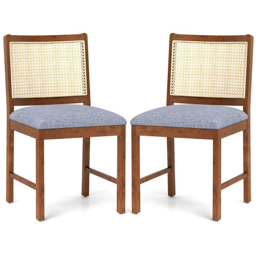 Rattan Dining Chair Set of 2 with Rubber Wood Frame and Linen Fabric Padded Seat-Walnut