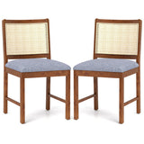 Rattan Dining Chair Set of 2 with Rubber Wood Frame and Linen Fabric Padded Seat-Walnut