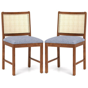 Rattan Dining Chair Set of 2 with Rubber Wood Frame and Linen Fabric Padded Seat-Walnut