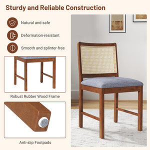 Rattan Dining Chair Set of 2 with Rubber Wood Frame and Linen Fabric Padded Seat-Walnut