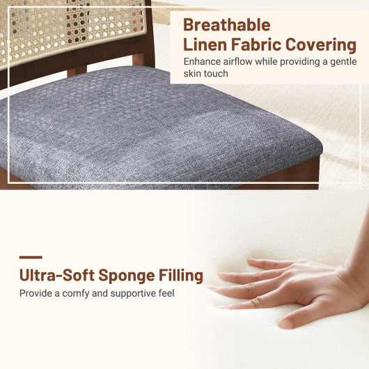 Rattan Dining Chair Set of 2 with Rubber Wood Frame and Linen Fabric Padded Seat-Walnut