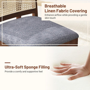 Rattan Dining Chair Set of 2 with Rubber Wood Frame and Linen Fabric Padded Seat-Walnut