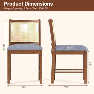 Rattan Dining Chair Set of 2 with Rubber Wood Frame and Linen Fabric Padded Seat-Walnut