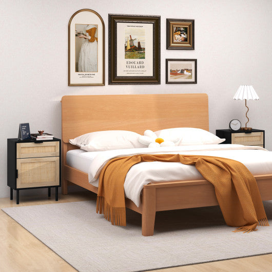 Rattan Nightstand Set of 2 with Drawer and Cabinet-Natural