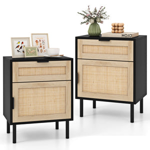 Rattan Nightstand Set of 2 with Drawer and Cabinet-Natural