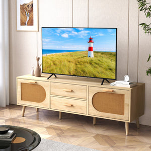 Rattan TV Stand for 65-Inch TV with Drawers and Solid Wood Legs-Natural