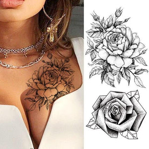 Realistic Sketches Black Flowers Temporary Waterproof Flower Tattoos Modern Body Arm Drawing For Womens
