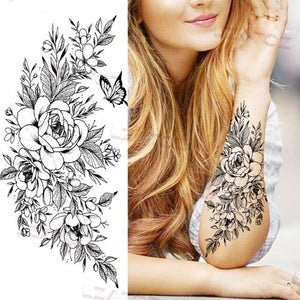 Realistic Sketches Black Flowers Temporary Waterproof Flower Tattoos Modern Body Arm Drawing For Womens
