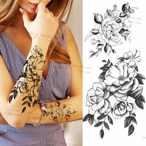 Realistic Sketches Black Flowers Temporary Waterproof Flower Tattoos Modern Body Arm Drawing For Womens