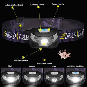 Rechargeable LED Powerfull Headlamp Flashlight USB Waterproof Headlamp Motion Body Sensor Headlight For Adults & Kids Camping Flashlight Outdoors Camping Running Biking Fishing