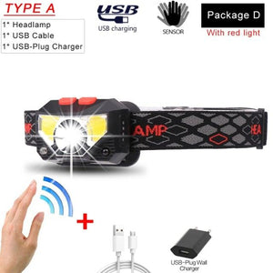 Rechargeable Powerful USB LED High Lumen Headlamp Ultra-Light Bright Headlight Waterproof Sensor Head Light  For Outdoors Camping Running Hiking Biking Fishing